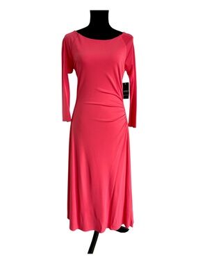 Lauren Ralph Lauren Geranium Coral Pink Ruched Stretch Jersey Fit & Flare Dress
